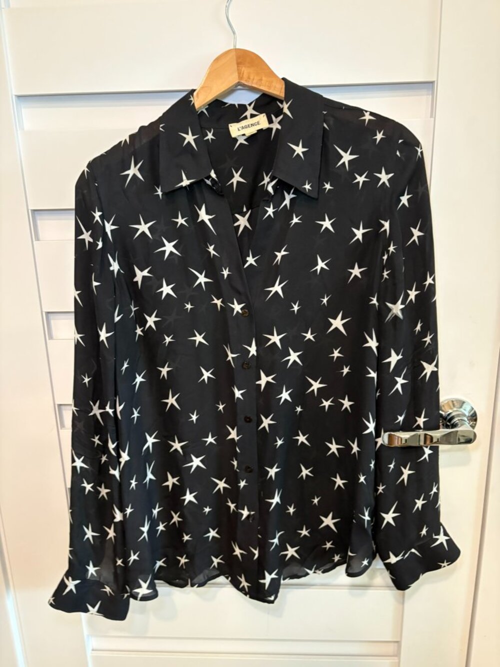 L'Agence Nina Star Print 100% Silk Button Down Blouse Black White M - Picture 9 of 11